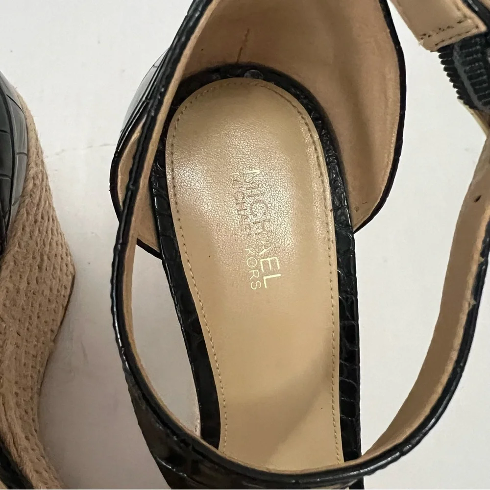 Michael Kors Fanning Espadrille Wedge Shoes Women’s Sz 8 Black Faux Leather Jute